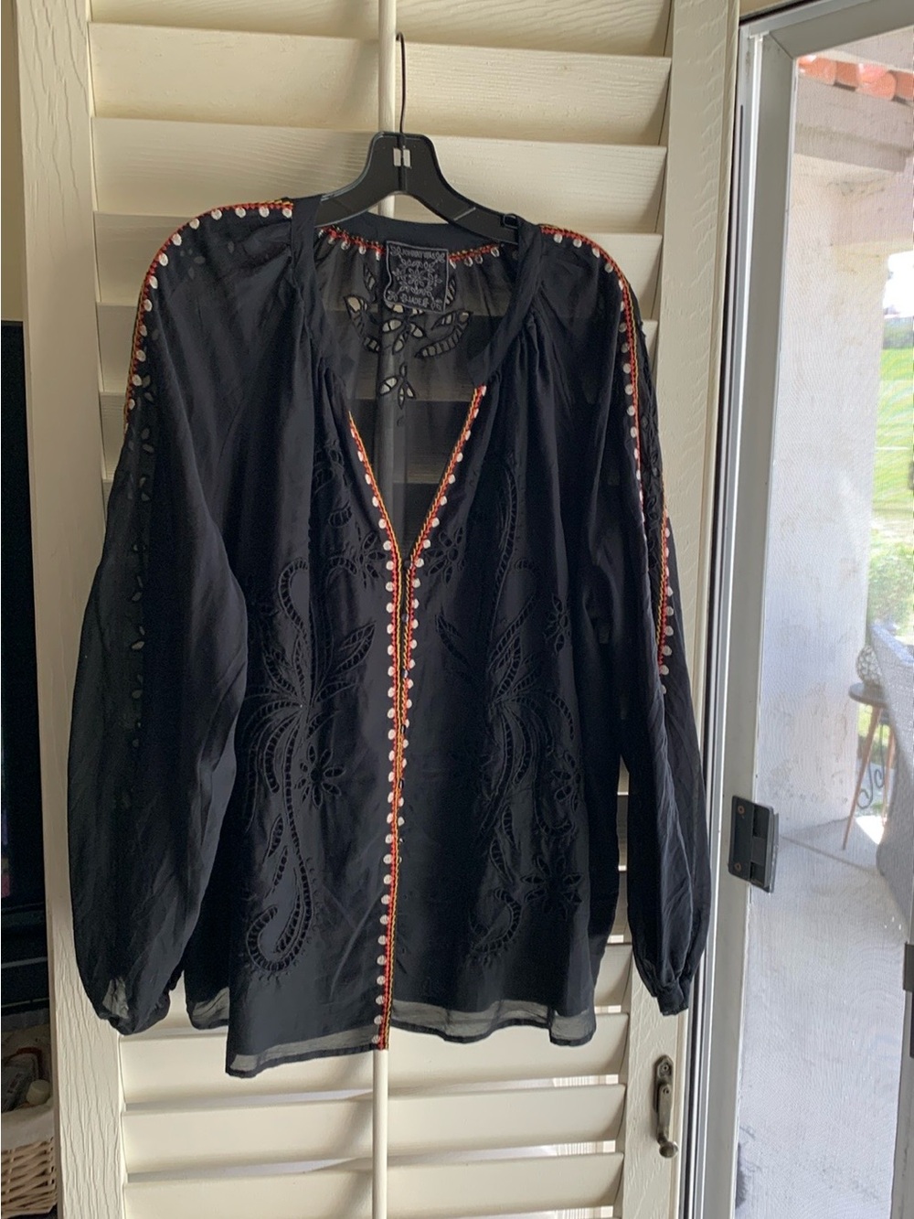 Johnny Was Black Embroidered Peasant Blouse with Orange Trim